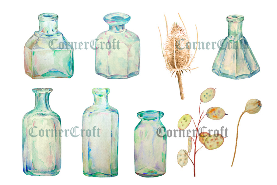 Watercolor Vintage Bottle Dry Flower in Graphics - product preview 8