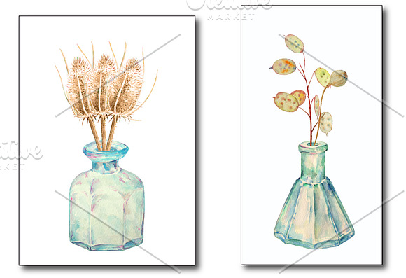 Watercolor Vintage Bottle Dry Flower in Graphics - product preview 1