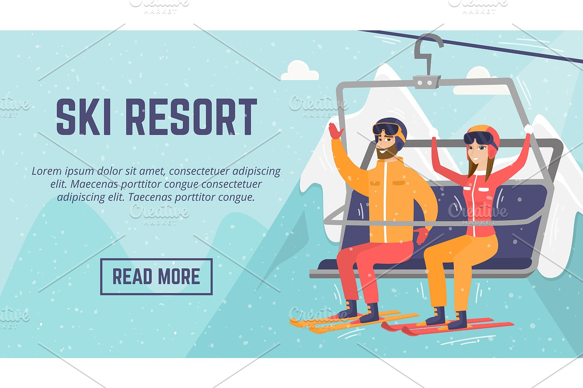 Сaucasian couple skiers using cableway at ski resort. in Illustrations - product preview 8