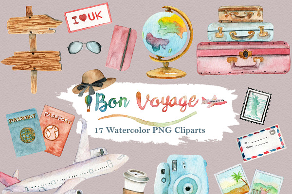 Watercolor Travel World Clipart Set