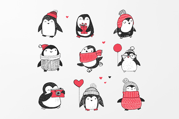 Cute penguin icons, Christmas cards in Illustrations - product preview 1