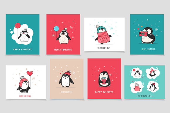 Cute penguin icons, Christmas cards in Illustrations - product preview 2