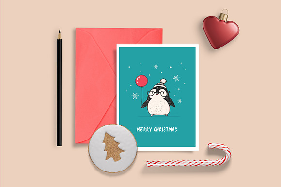 Cute penguin icons, Christmas cards in Illustrations - product preview 4