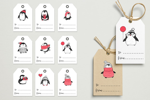 Cute penguin icons, Christmas cards in Illustrations - product preview 5