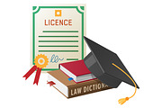 Licence with Stamp, Books Pile and Academic Hat