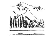 Hand Drawn black and white mountain landscape vector illustration with trees and mountains. Sketch