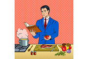Man in business suit cooking food pop art vector