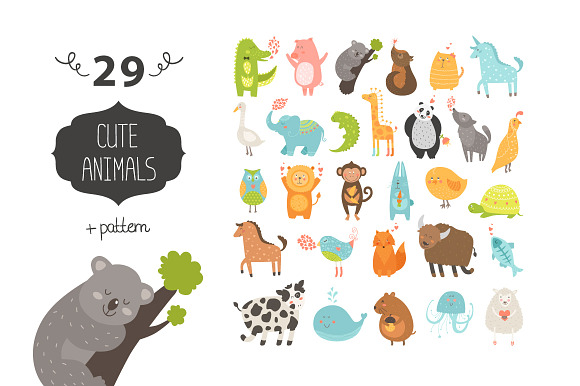 Cute animals collection+pattern in Illustrations - product preview 1