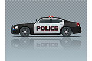 Vector Police car with rooftop flashing lights, a siren and emblems. Template isolated illustration. View side on a transparent background. Change the colour in one click.