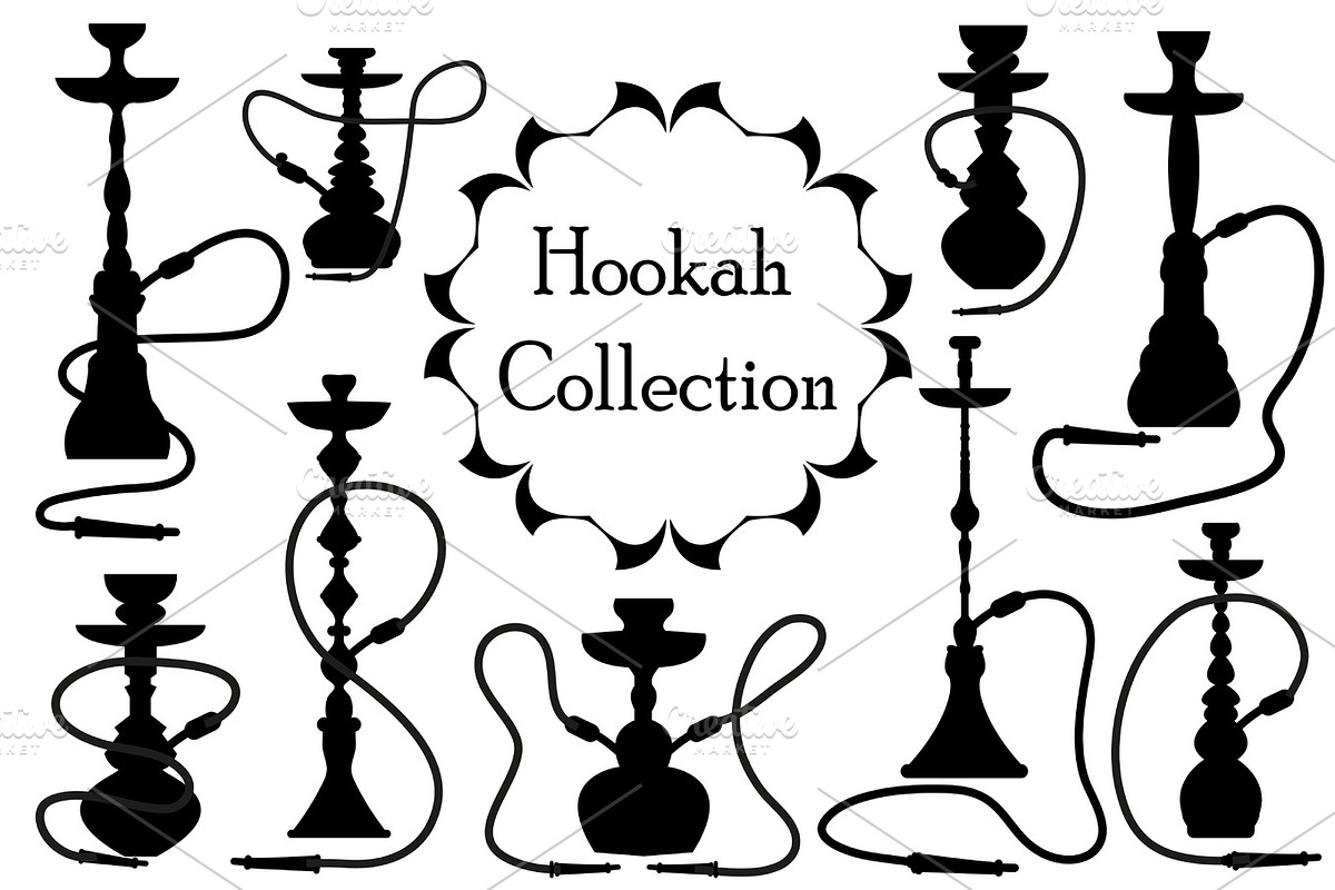 Hookah icon set black silhouette, outline style. Arabic hookahs collection of design elements, logo. Isolated on white background. Lounge bar logos concept. Vector illustration in Objects - product preview 8