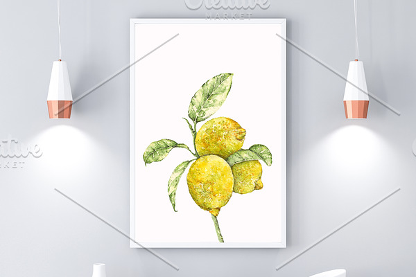 Lemons Watercolor Poster, Digital