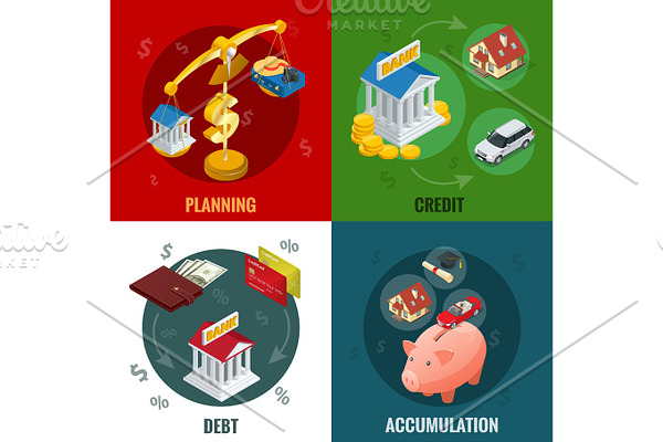 Isometric Business and Finance Icons. Flat 3d isometric illustration. For infographics and design