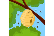 Honey bees and hive on tree branch. Vector illustration of bee house with a circular entrance. Insect life in nature.