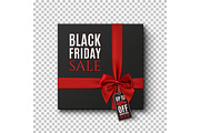 Black gift box with red ribbon and price tag on transparent background.
