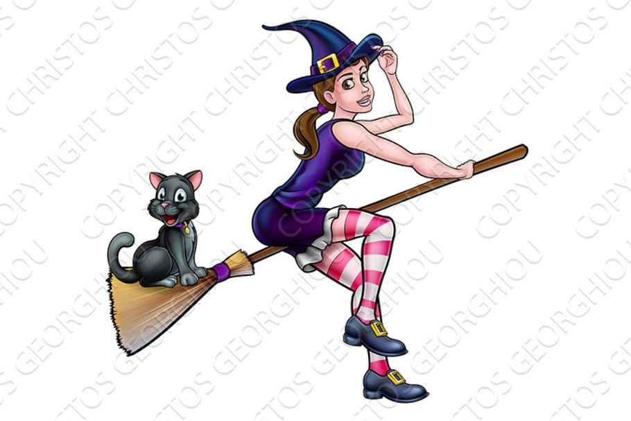 Witch Cartoon Character Flying On Broomstick