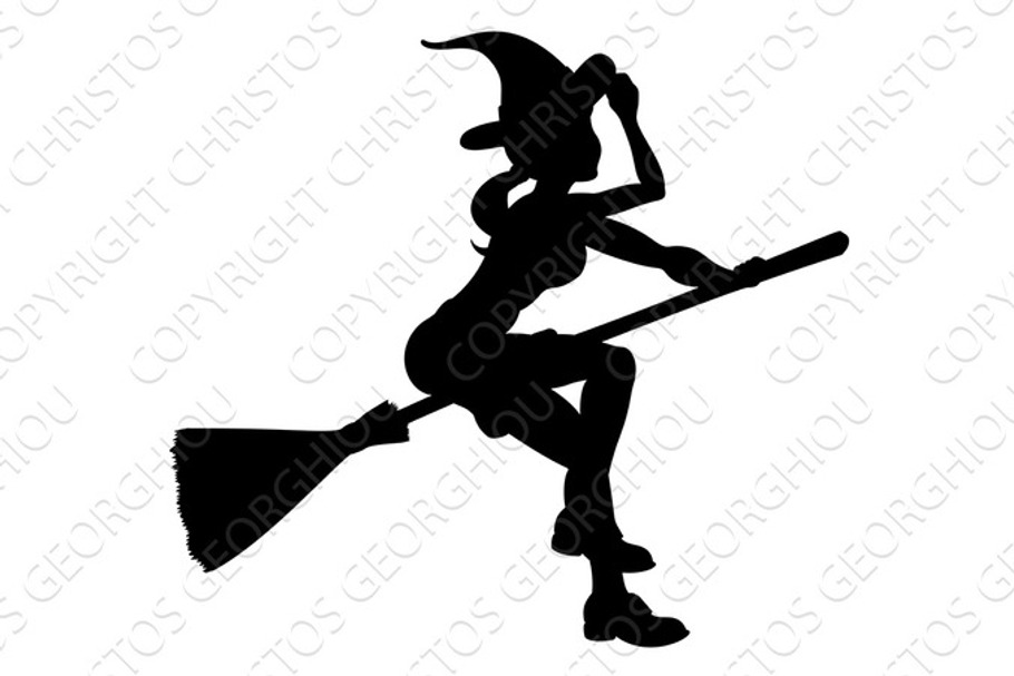 Silhouette Halloween Witch Flying On Broomstick