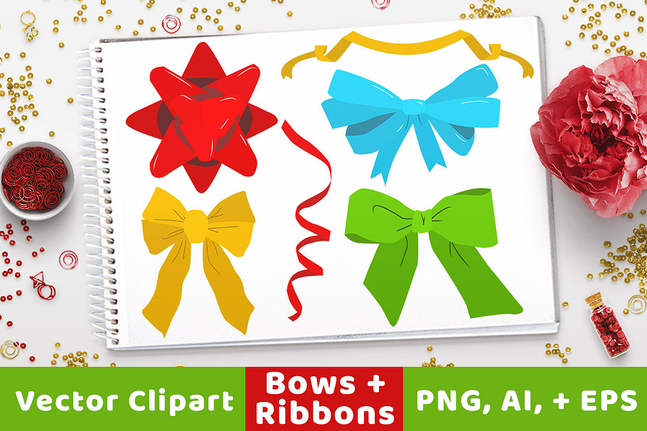 40 Holiday Bows + Ribbons Clipart