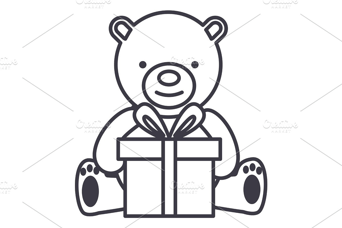teddy  bear with gift box vector line icon, sign, illustration on background, editable strokes in Objects - product preview 8