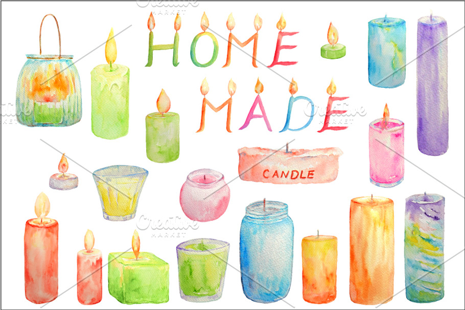 Watercolor Clipart Glowing Candles