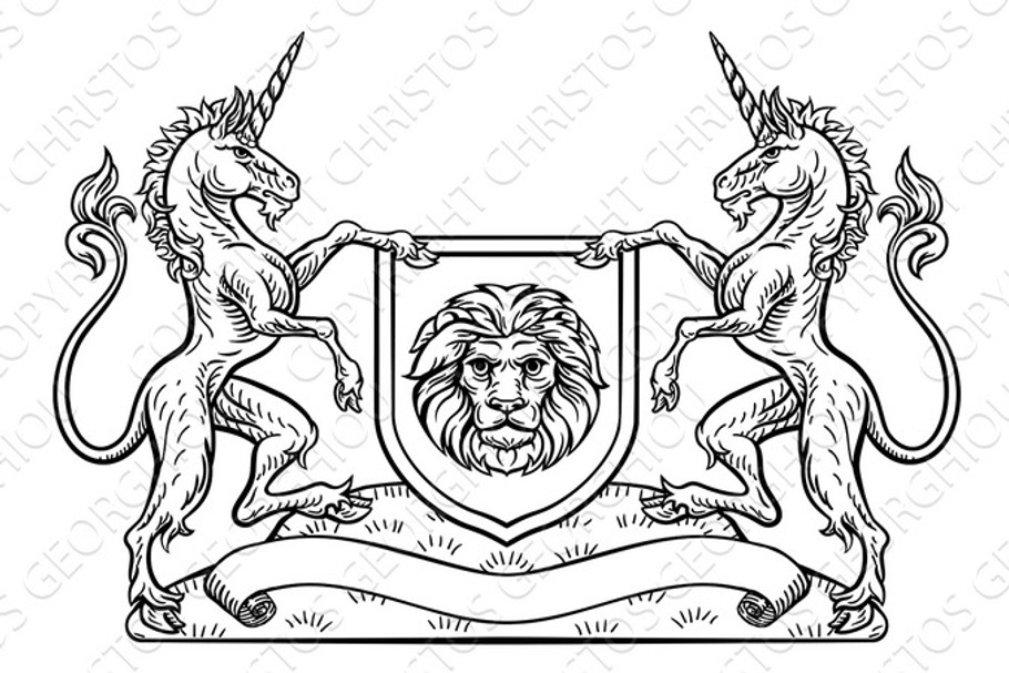Knight Crest Unicorn Shield Heraldic Emblem in Illustrations - product preview 8