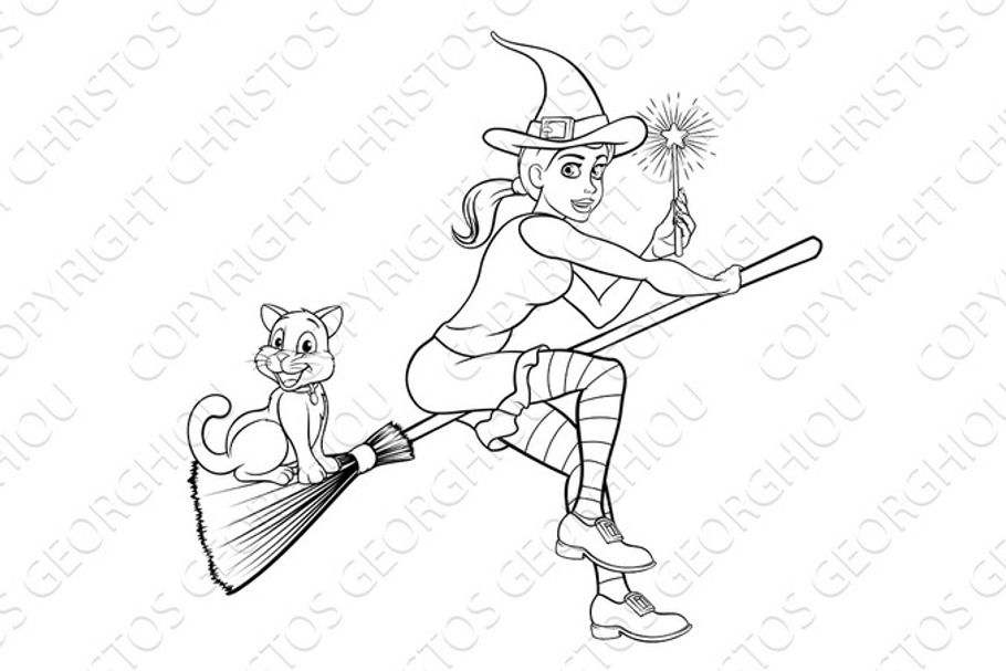 Witch with Magic Wand and Cat on Broomstick