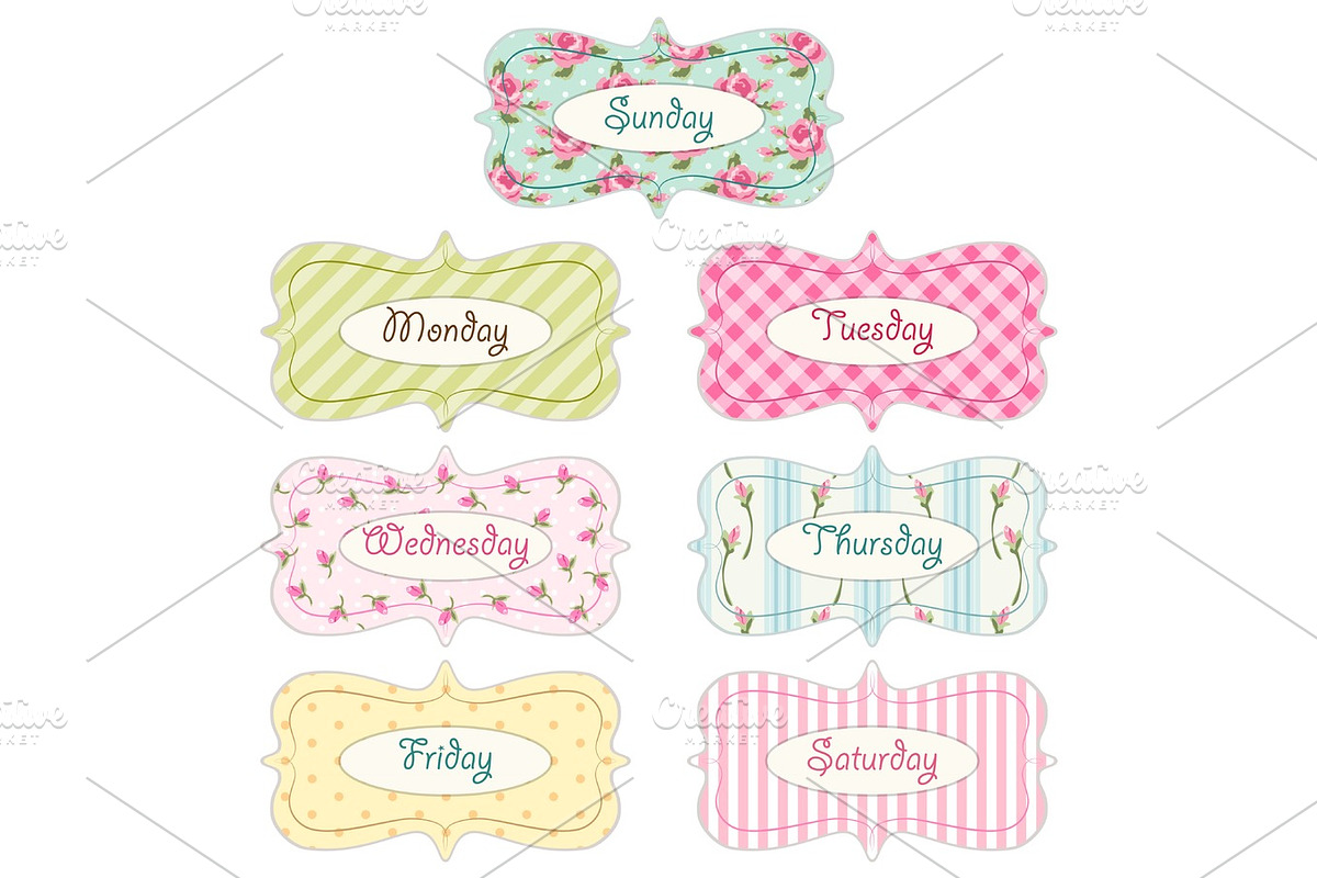 Days of week banners as retro festive frames in shabby chic style in Illustrations - product preview 8