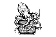 Octopus guards treasure engraving vector