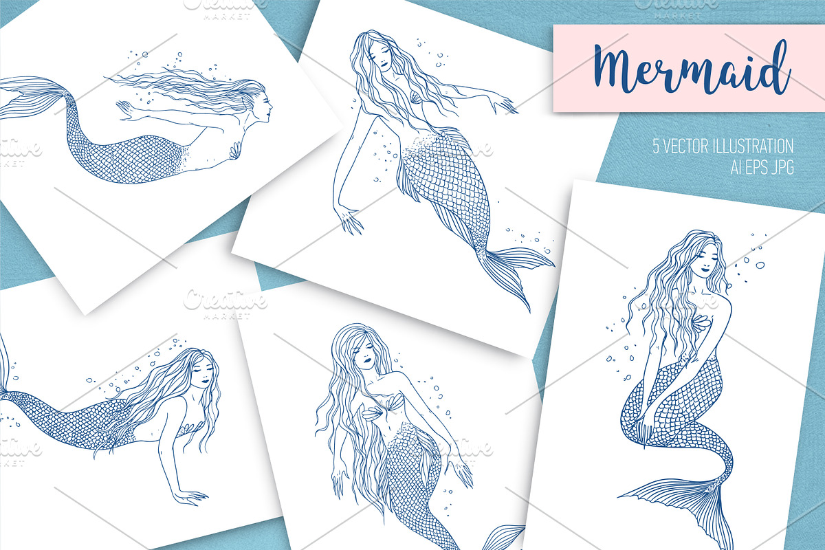 Set of mermaids in various postures in Illustrations - product preview 8