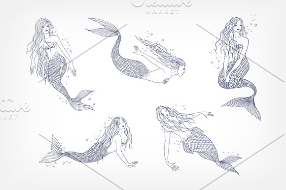 Set of mermaids in various postures in Illustrations - product preview 1