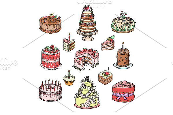 Birthday or Wedding celebration cream cake pie vector illustration hand drawn sketch style for holidays food design