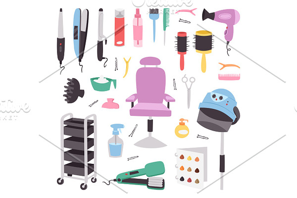 Hairdressing salon barbershop devices symbols fashion hairdresser professional stylish barber tools for cutting vector illustration.