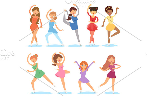 Figure ice skater women beauty sport girls doing exercise and tricks jump characters dancer people performance vector illustration.