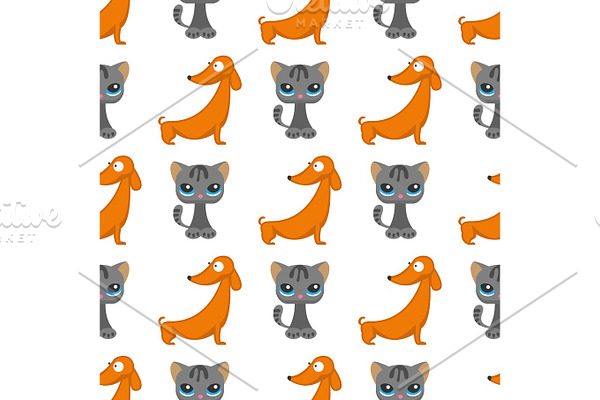 Cats dogs vector illustration cute animal funny seamless pattern background characters feline domestic trendy pet