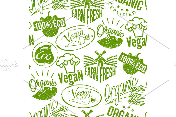 Premium quality eco vegan stamp logo product mark retro grunge badges vector seamless pattern background .