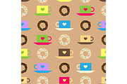 Seamless pattern with coffee and chocolate glazed donut background vector texture donut food illustration.