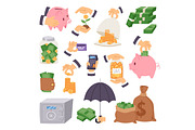 cartoon money save symbols concept finance icons banking capital investment formation strategy vector illustration