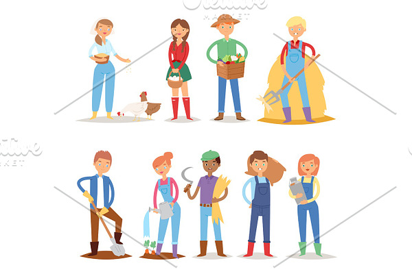 Different farmer workers people character agriculture person profession farming life vector illustration.