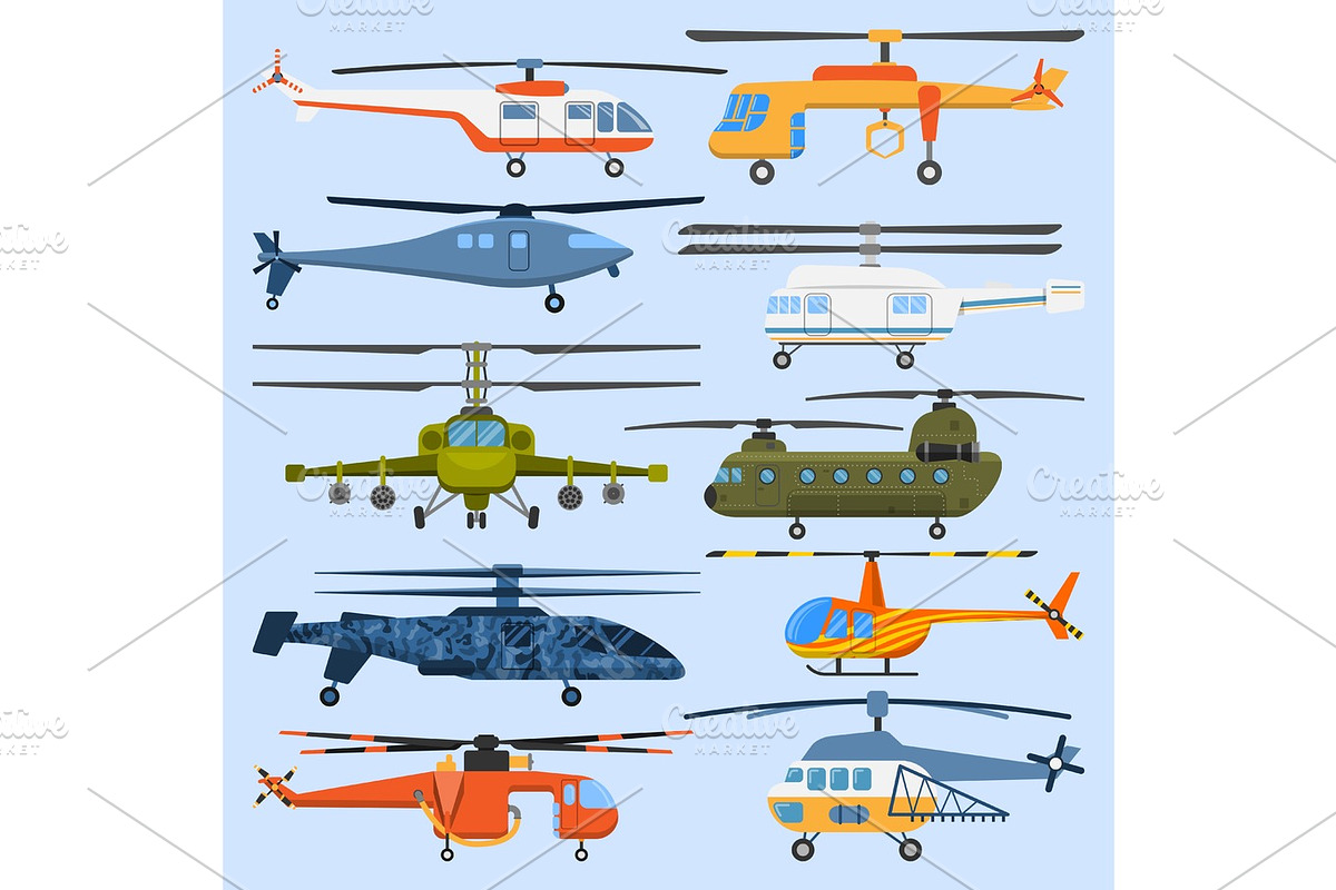 Helicopter air transport propeller aerial vehicle flying modern aviation military civil copter aircraft vector illustration flat design. in Objects - product preview 8