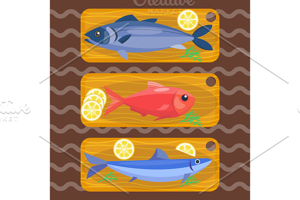 Fish on kitchen wooden chopping board fresh lemon top view seafood fishing cooking ingredients vector illustration