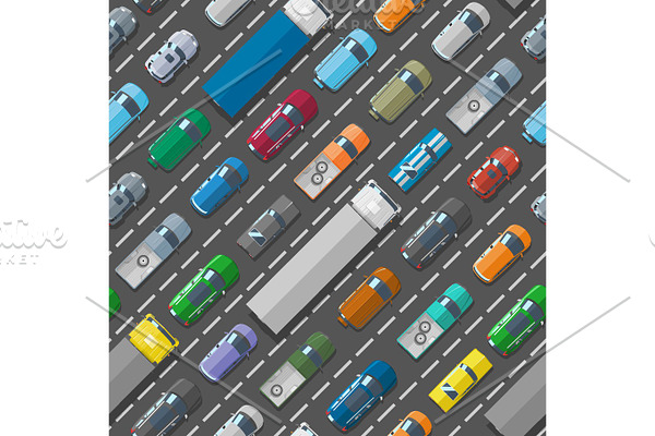 Cars vehicle city transport traffic jam road problems vector seamless pattern background