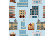 Different city public vector buildings houses set flat design office architecture modern street apartment seamless pattern background.