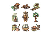 Vector cocoa products plantation handdrawn sketch icons chocolate cacao production sweet illustration.
