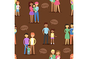 Happy different family couples characters mother father baby multinational people together vector seamless pattern background .