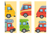 Campers vacation travel car summer brochure nature holiday trailer house cards vector illustration flat transport