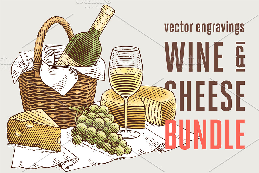 Wine and cheese bundle in Illustrations - product preview 8