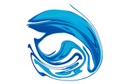 A blue logo with a fish shape