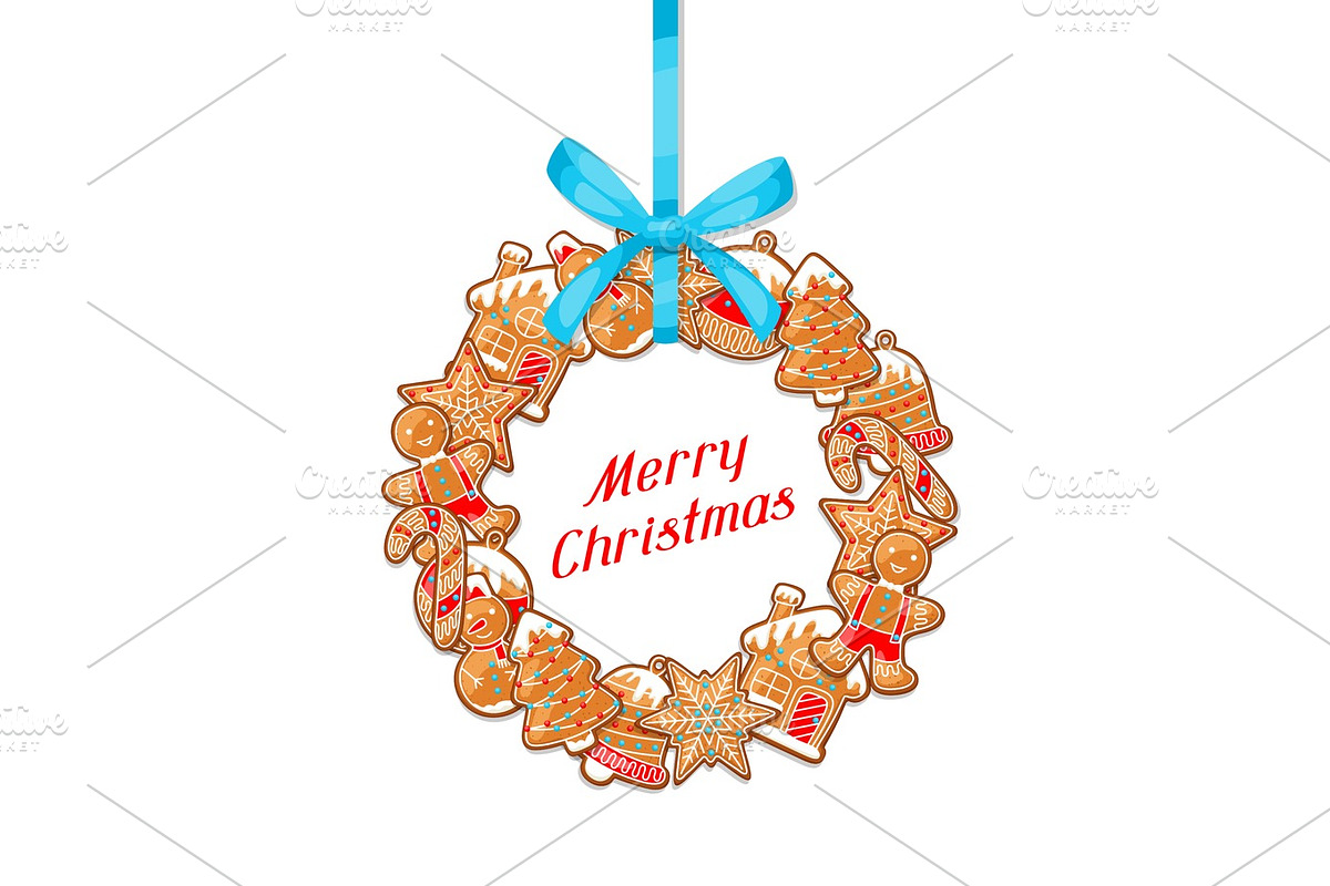 Merry Christmas greeting card with wreath of various gingerbreads in Illustrations - product preview 8