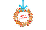 Merry Christmas greeting card with wreath of various gingerbreads