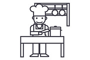 cooker,shef,kitchen, restaurant vector line icon, sign, illustration on background, editable strokes