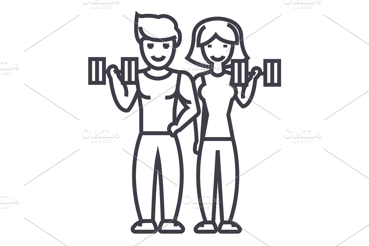 couple in fitness gym vector line icon, sign, illustration on background, editable strokes in Illustrations - product preview 8
